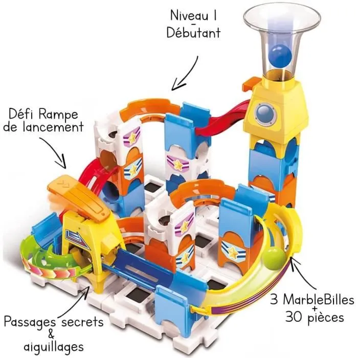 VTech - Circuit à billes Marble Rush Discovery Set XS100 - Jeu de construction avec 30 pièces et 3 billes incluses - Pour enfant de 4 ans et plus - Version française