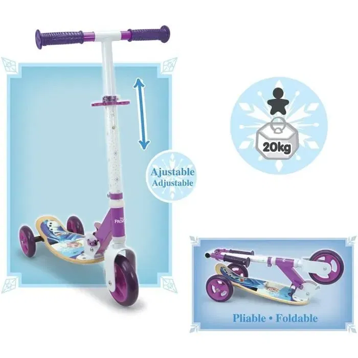 Smoby - Trottinette enfant 3 roues Reine des Neiges, guidon réglable, repose-pieds antidérapant bois et métal