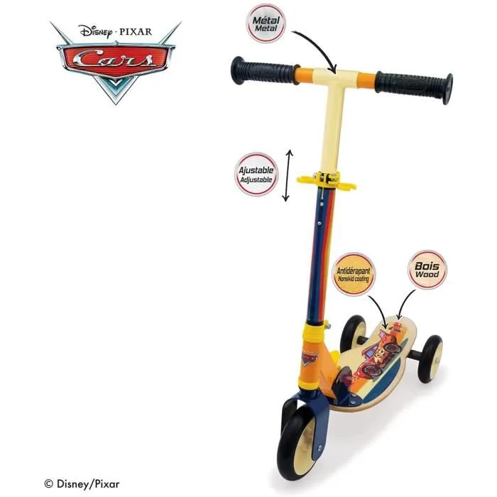 Smoby Patinette 3 Roues Cars en Bois Pliable Jaune Multicolore avec Guidon Réglable et Plateau Antidérapant pour Enfant