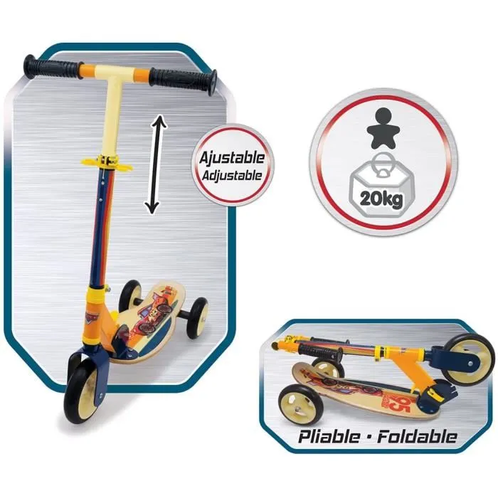 Smoby Patinette 3 Roues Cars en Bois Pliable Jaune Multicolore avec Guidon Réglable et Plateau Antidérapant pour Enfant