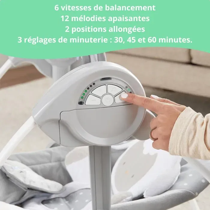 Ingenuity Balancelle électrique pliable pour bébé Comfort 2 Go Portable Swing - 6 vitesses, 12 mélodies, arche de jouets amovible Petit Mouton