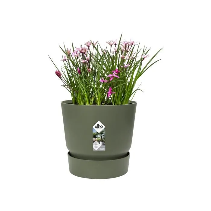 ELHO Greenville Rond 25 - Pot de fleurs d'extérieur Ø 24.48 x H 23.31 cm Vert feuille - Résistant au gel, avec réservoir d'eau intégré