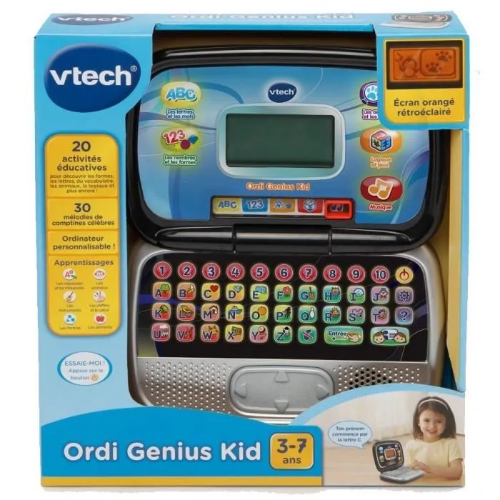 VTech - Genius Kid - Ordinateur éducatif interactif pour enfant 3-7 ans - 20 activités - Formes, logique, vocabulaire, musique - Version française - Noir