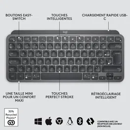 Logitech MX Keys Mini - Clavier Sans Fil AZERTY Noir Rétroéclairé avec Touches de Raccourci
