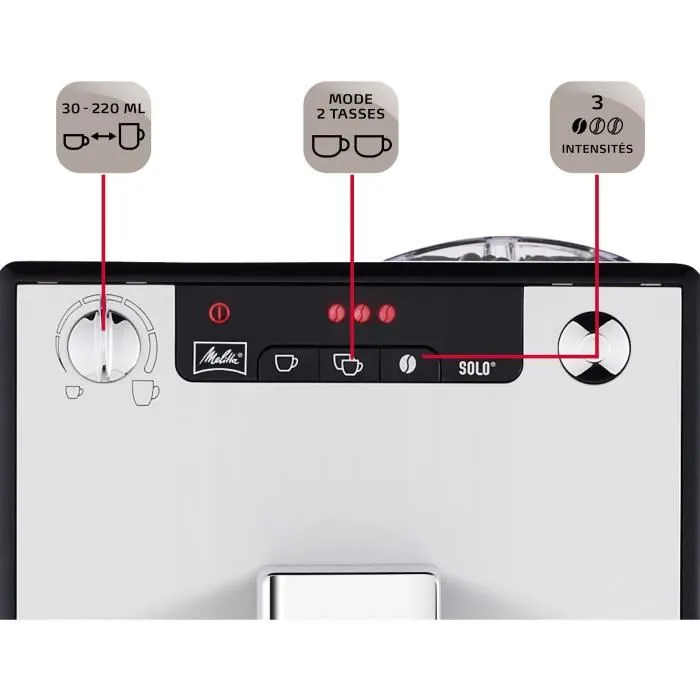 Melitta Solo - Machine à café expresso avec broyeur à grains argent, préparation de 2 tasses, pré-infusion, réglage d'intensité