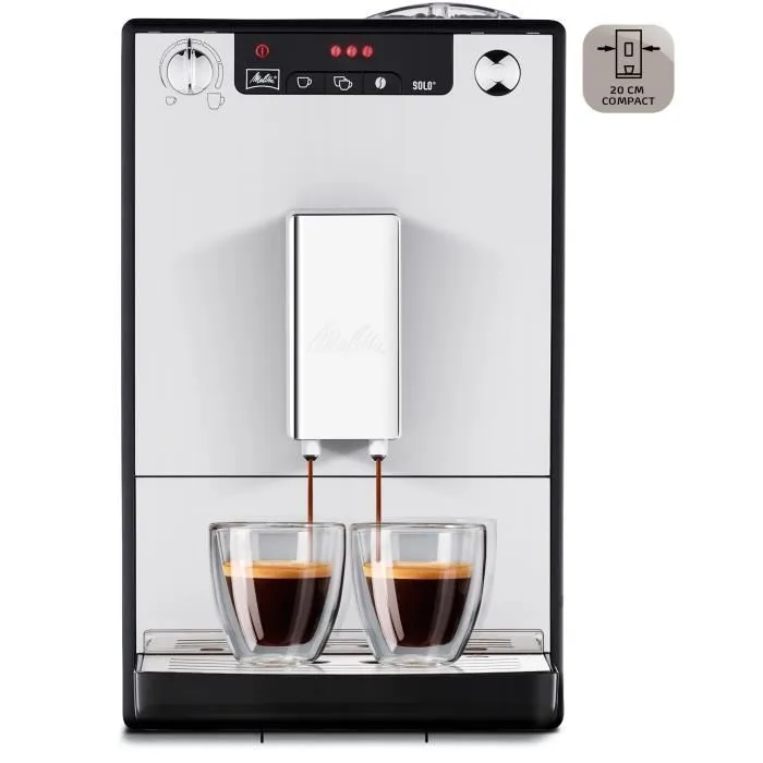 Melitta Solo - Machine à café expresso avec broyeur à grains argent, préparation de 2 tasses, pré-infusion, réglage d'intensité