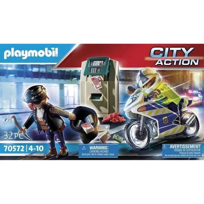 PLAYMOBIL 70572 - Set City Action avec Policier en Moto et Voleur, Jouet de Poursuite et d'Arrestation pour Enfants dès 4 Ans