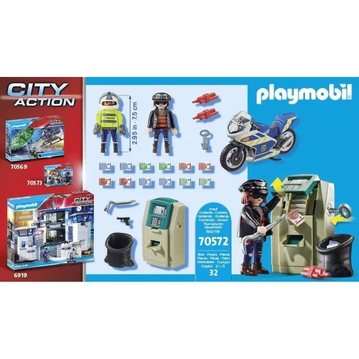PLAYMOBIL 70572 - Set City Action avec Policier en Moto et Voleur, Jouet de Poursuite et d'Arrestation pour Enfants dès 4 Ans