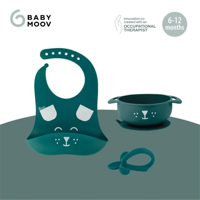 Babymoov FIRST'ISY Jeu de repas 6-12 mois 3 pièces, bol, cuillère, bavoir antidérapant, passe au lave-vaisselle, micro-ondes, four