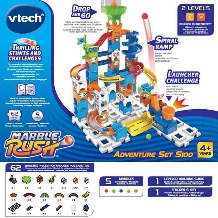 VTECH Marble Rush - Adventure Set S100 - Circuit à billes avec 61 pièces, 5 billes et lanceur vertical - Jeu de construction enfant 4 ans et plus