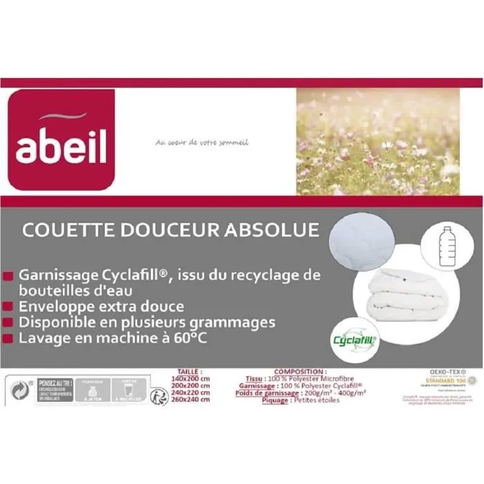 Abeil Couette chaude Douceur Absolue microfibre polyester blanc 220x240 cm - 400 g/m2, toucher peau de pêche, finition ganse blanche