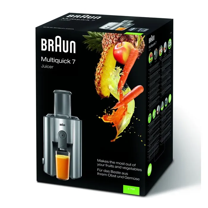 Braun J700 Centrifugeuse MultiQuick 7 - Puissance 1000 W - Large cheminée 75 mm - Inox - Extraction fruits et légumes entiers