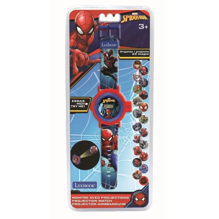 Lexibook - Montre digitale de projection Spider-Man avec 20 images et anneau de sélection - Afficheur de l'heure et de la date - Bracelet ajustable pour enfant dès 3 ans