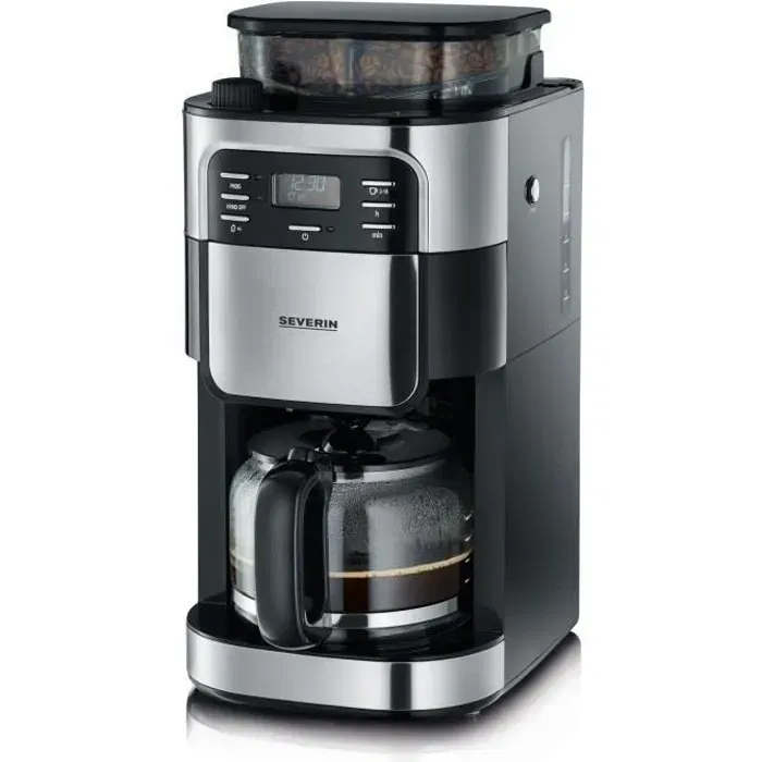 Severin 4810 Cafetière filtre avec broyeur intégré, Noir et Inox, 1000W, 1.4L, écran LCD, réglage de mouture, fonction Aroma Severin 4810 Cafetière filtre avec broyeur intégré, Noir et Inox, 1000W, 1.4L, écran LCD, réglage de mouture, fonction Aroma