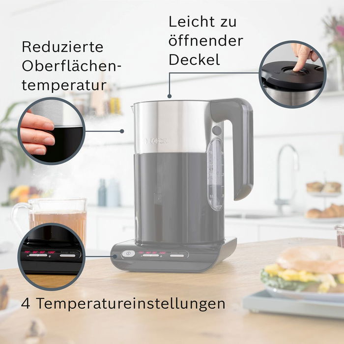 Bosch TWK8613 - Bouilloire électrique Styline 1,5 L 2400 W - Noir - Thermostat réglable, indicateur de niveau, arrêt sécurité, base 360°, sans fil