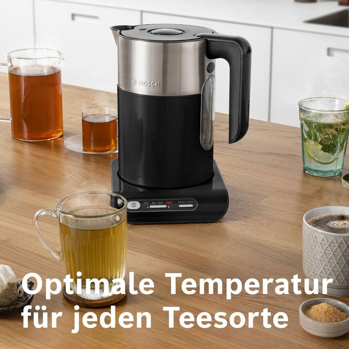 Bosch TWK8613 - Bouilloire électrique Styline 1,5 L 2400 W - Noir - Thermostat réglable, indicateur de niveau, arrêt sécurité, base 360°, sans fil