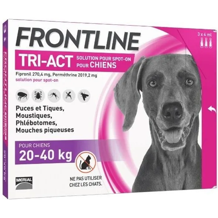 Frontline Tri-Act chien - Anti-puces anti-tiques - 20-40kg - 3 pipettes Frontline Tri-Act chien - Anti-puces anti-tiques - 20-40kg - 3 pipettes