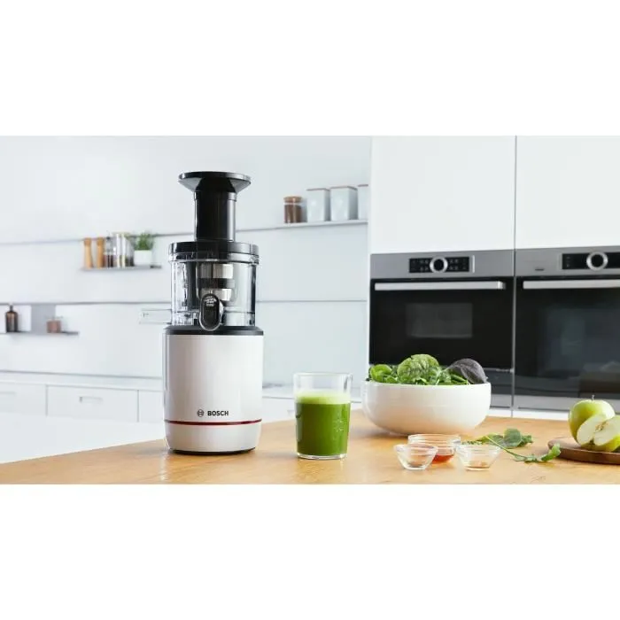 Bosch MESM500W Extracteur de jus VitaExtract Blanc/Chrome, 150 W, 1 vitesse + reverse, sécurité couvercle, 2 filtres, carafe et accessoires