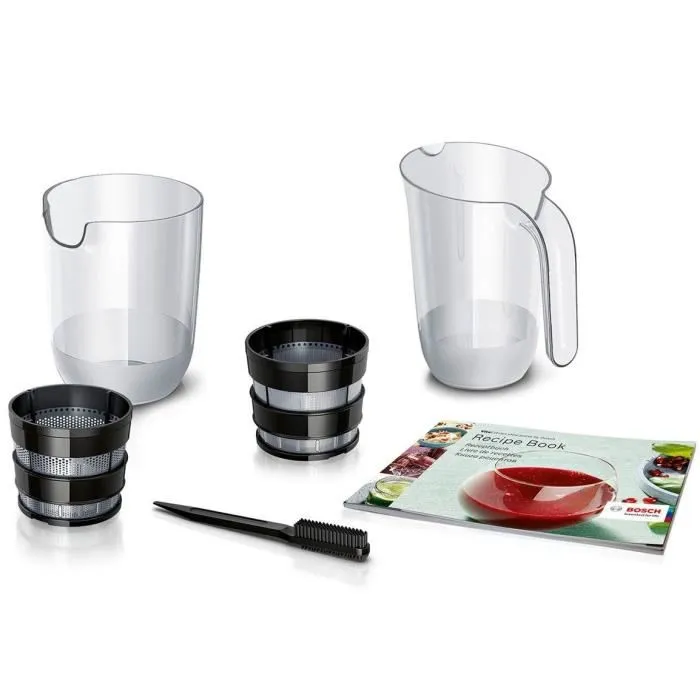 Bosch MESM500W Extracteur de jus VitaExtract Blanc/Chrome, 150 W, 1 vitesse + reverse, sécurité couvercle, 2 filtres, carafe et accessoires