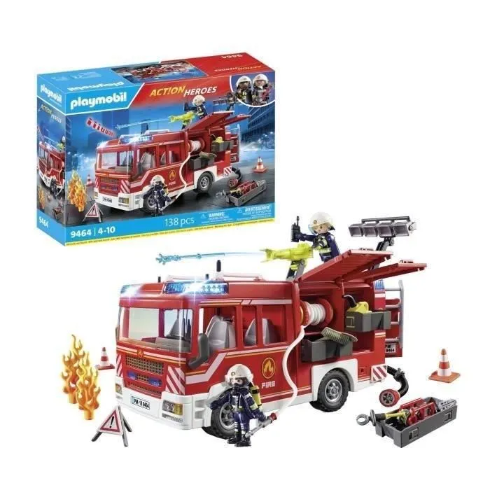 Playmobil 9464 Fourgon d'intervention des pompiers jaune avec canon à eau fonctionnel - Jouet City Action pour enfant