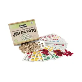 Jeujura Loto en Bois - Coffret Jeu de Société Familial - 48 Cartes, Pions et Puces - A Partir de 3 Ans