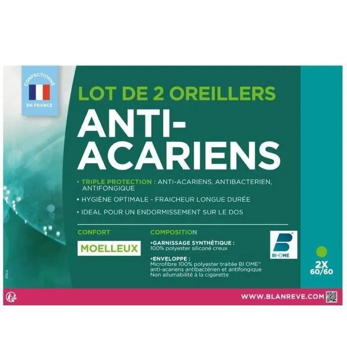 Blanreve Lot de 2 Oreillers Triple Protection 60x60 cm Blanc - Microfibre Anti-Acariens, Garnissage Polyester - Produit Responsable Fabriqué en France