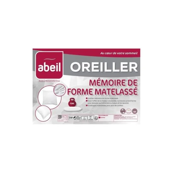 Abeil Oreiller à mémoire de forme matelassé Blanc 60 x 60 cm - Microfibre polyester - Garnissage mousse viscoélastique 950 g/m²