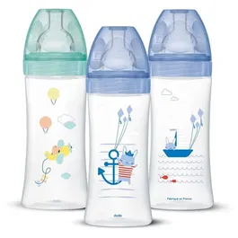 Dodie Biberons Anti-Colique Sensation+ Lot de 3 - 330 ml, Tétine Plate Débit 3 +6 Mois, Bleu Mer et Vert Air - Sans BPA