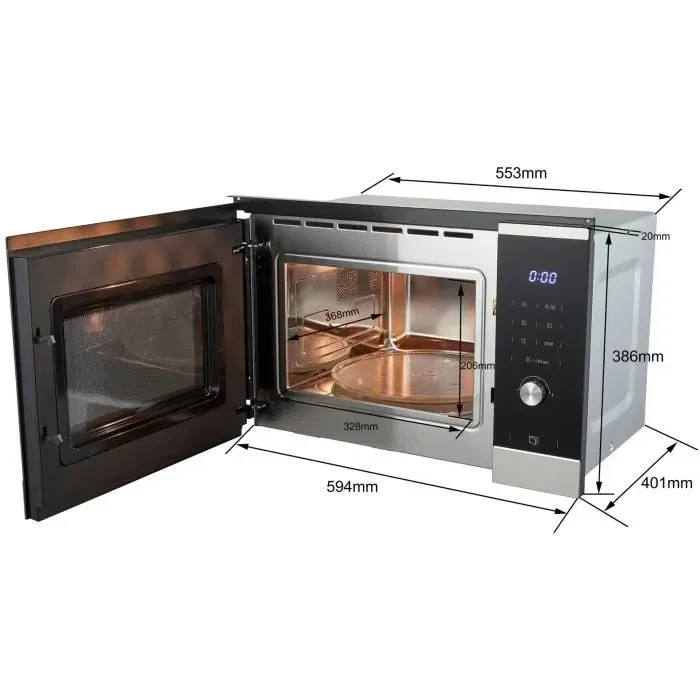 Continental Edison CEMO25GINE Four micro-ondes grill encastrable 25 L noir inox, 59.5 x 38.8 x 40.1 cm