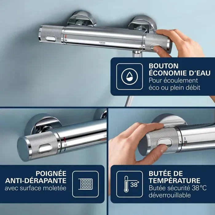 Grohe Precision Feel Mitigeur thermostatique de douche mural chromé - Fonctions EcoJoy et EcoButton pour économie d'eau - Garantie 5 ans