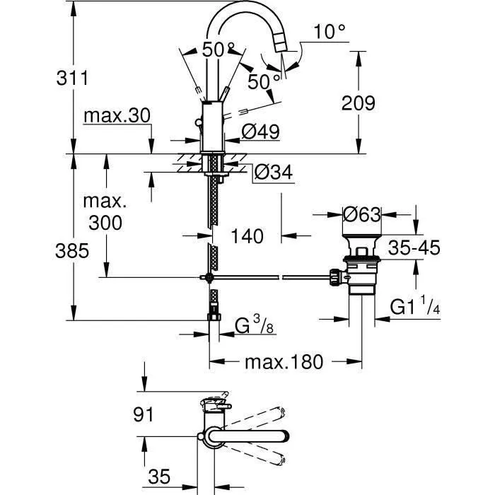 GROHE Mitigeur lavabo monocommande pivotant chromé, taille L, économie d'eau, débit 5 l/min, hauteur 209 mm, perçage monotrou 34 mm