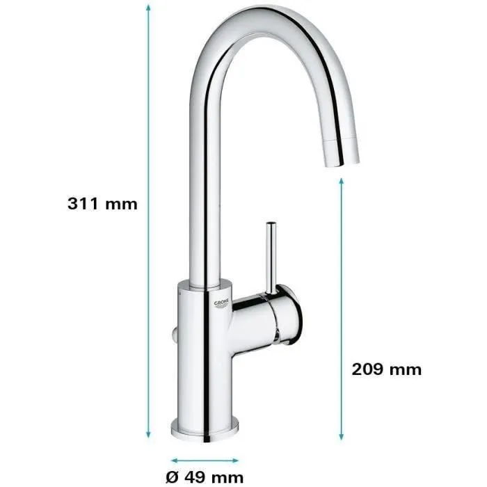 GROHE Mitigeur lavabo monocommande pivotant chromé, taille L, économie d'eau, débit 5 l/min, hauteur 209 mm, perçage monotrou 34 mm