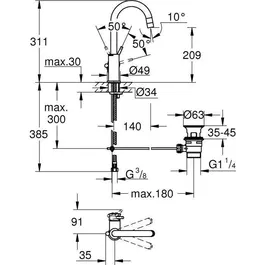 GROHE Mitigeur lavabo monocommande pivotant chromé, taille L, économie d'eau, débit 5 l/min, hauteur 209 mm, perçage monotrou 34 mm