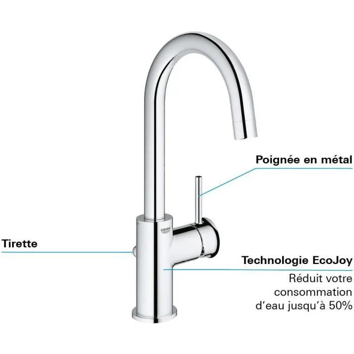 GROHE Mitigeur lavabo monocommande pivotant chromé, taille L, économie d'eau, débit 5 l/min, hauteur 209 mm, perçage monotrou 34 mm