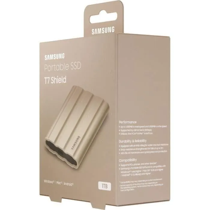 Samsung SSD Externe T7 Shield MU-PE1T0K/EU 1 To Beige - Rapide, Résistant, Compact, USB 3.2 Gen 2 pour Stockage et Transfert
