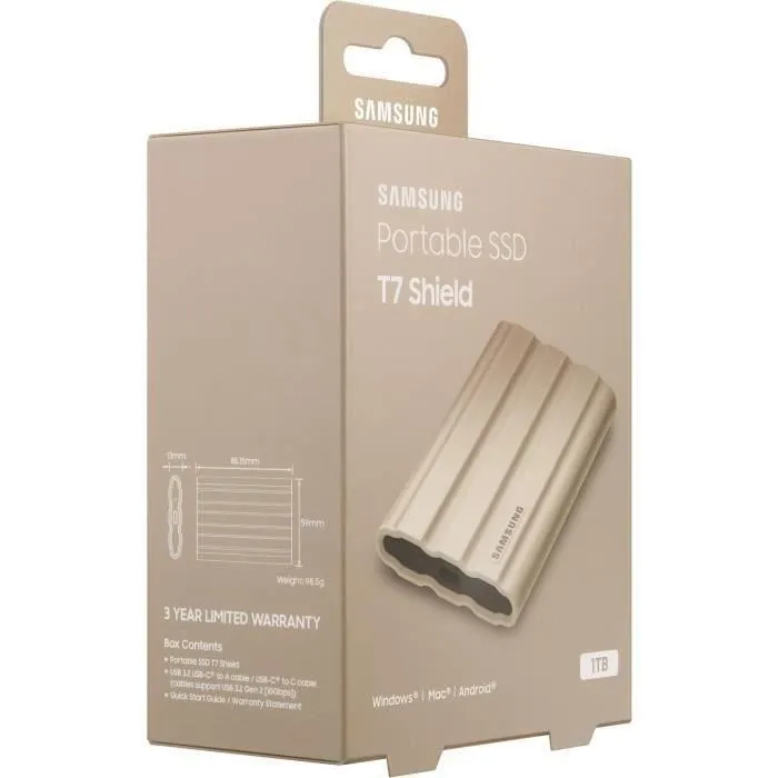 Samsung SSD Externe T7 Shield MU-PE1T0K/EU 1 To Beige - Rapide, Résistant, Compact, USB 3.2 Gen 2 pour Stockage et Transfert