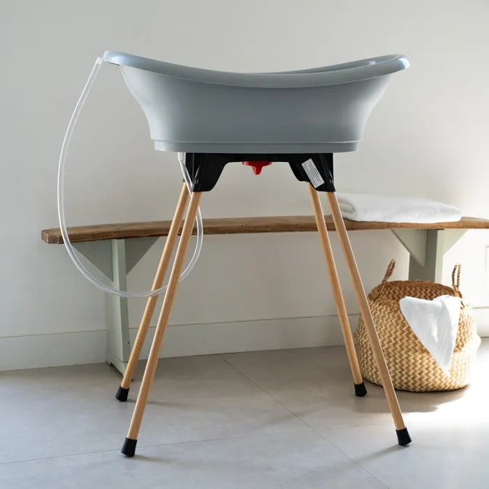 Thermobaby Kit baignoire VASCO 3 en 1, baignoire pour bébé avec pieds et tuyau de vidange, gris charme, confortable et pliable pour un rangement facile