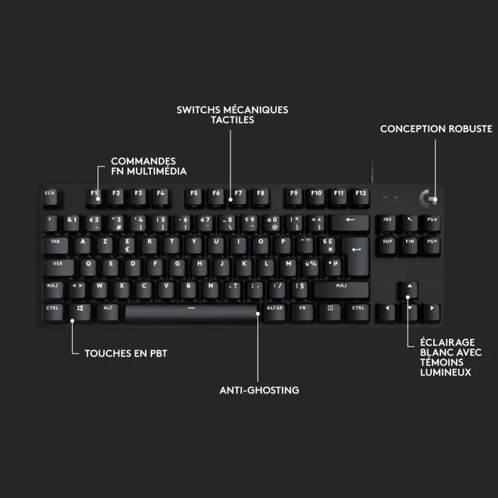 Logitech G Clavier Gamer Mécanique G413 TKL SE AZERTY Filaire - Switches Tactiles, Touches PBT, Rétroéclairage - Noir