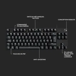 Logitech G Clavier Gamer Mécanique G413 TKL SE AZERTY Filaire - Switches Tactiles, Touches PBT, Rétroéclairage - Noir