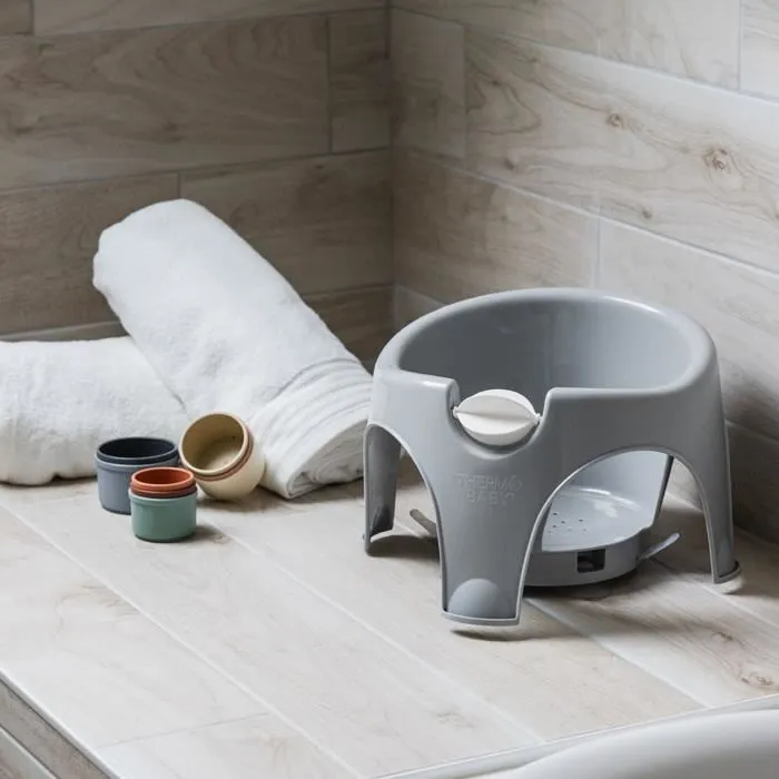Thermobaby Anneau de bain Aquafun - Siège bébé avec dossier et accoudoirs, stable, 4 ventouses, pour bébés 7 à 16 mois, gris et blanc