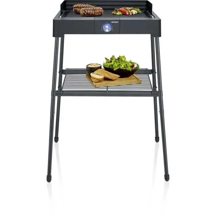Severin PG8568 - Barbecue électrique sur pieds, Surface de cuisson 44.5x26cm, 2200W, Thermostat réglable, Pare-vent inox, Bac réducteur de fumée, Revêtement SafeTouch