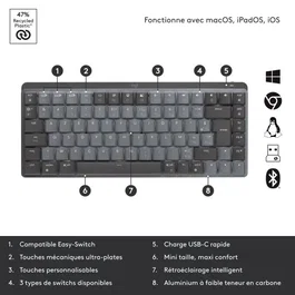 Logitech MX Mechanical Mini - Clavier mécanique sans fil compact AZERTY avec rétroéclairage, connectivité Easy-Switch 3 appareils - Graphite