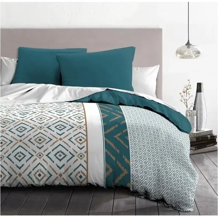 Home Linge Passion Parure de couette Microfibre ETHNO Bleu Canard 220x240 cm avec 2 taies d'oreiller 63x63 cm, motif fantaisie, housse zippée, pour lit 2 personnes