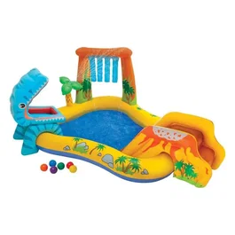 Intex 57444NP Piscine gonflable aire de jeux Dinosaure Jurassic pour enfants - 272 L, 249 x 191 x 109 cm - Inclut 6 balles colorées - À partir de 2 ans