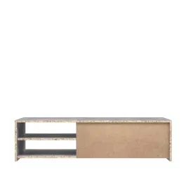 PILVI - Meuble TV contemporain minimaliste en blanc et béton clair - 2 niches ouvertes + 1 fermée - Dimensions : 120 x 42,1 x 31,8 cm (L x P x H)