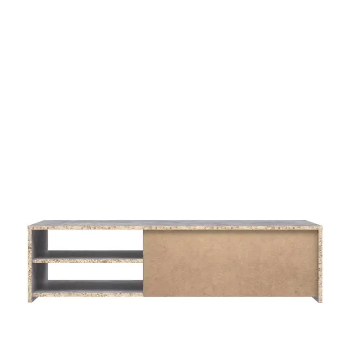 PILVI - Meuble TV contemporain minimaliste en blanc et béton clair - 2 niches ouvertes + 1 fermée - Dimensions : 120 x 42,1 x 31,8 cm (L x P x H)