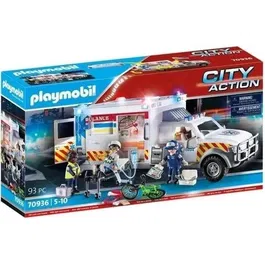 Playmobil 70936 Ambulance américaine City Action avec secouristes, patient et lumières, jouet pour enfants dès 5 ans