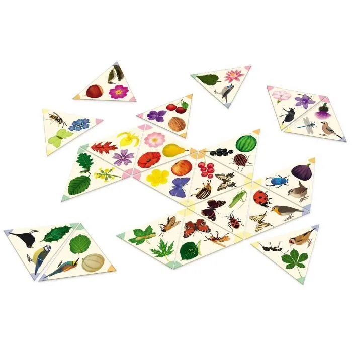 Nathan Jeux d'apprentissage - Tridomino Du Jardin - Jeu de domino éducatif sur la nature (feuilles, fleurs, fruits, insectes, oiseaux) avec guide