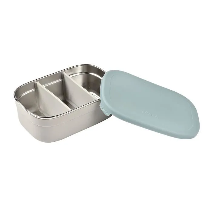 Beaba, Boîte repas enfant en acier inoxydable avec housse et couvercle en silicone - Gris velours et bleu