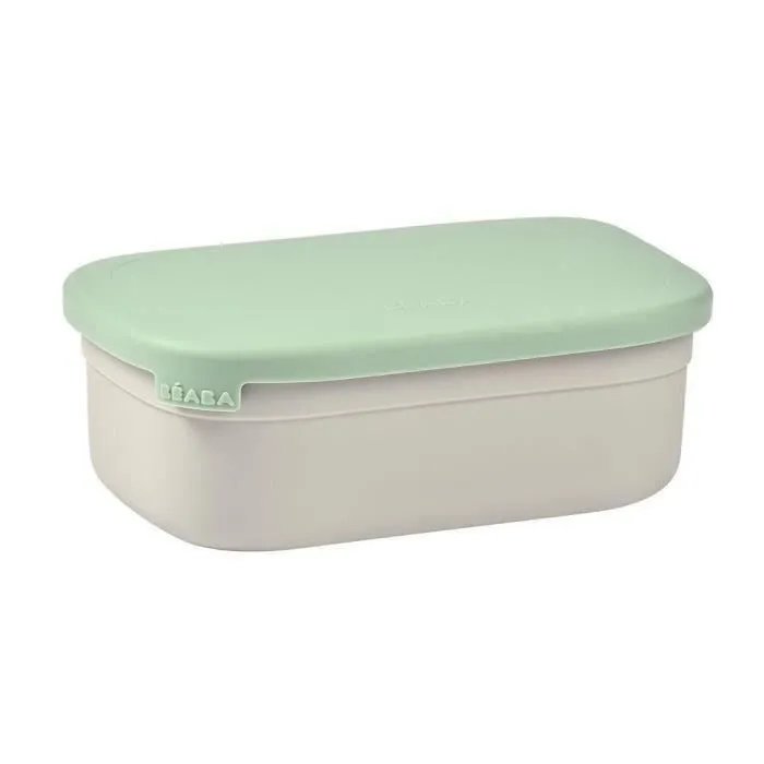 Beaba Boîte Repas Enfant Isotherme en Inox Acier Inoxydable, Couvercle en Silicone et Housse de Protection, Gris Velours Vert Sauge